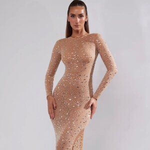 PORTIA  Sheer Embellished Long Sleeve Evening Gown in Almond